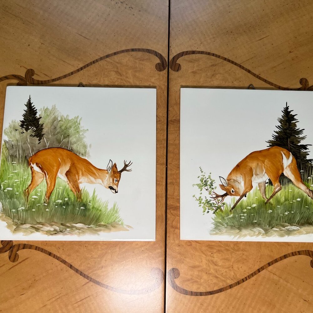 🦌🌲✨ Vintage Hand-Painted Ceramic Deer Plaques Tiles Coasters– Set of 2 ✨🌲🦌